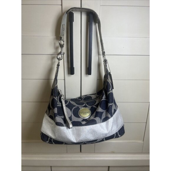 Coach (2011) Carly Sufflette Denim Signature Stripe Hobo F17434 Classic Style - Picture 1 of 16